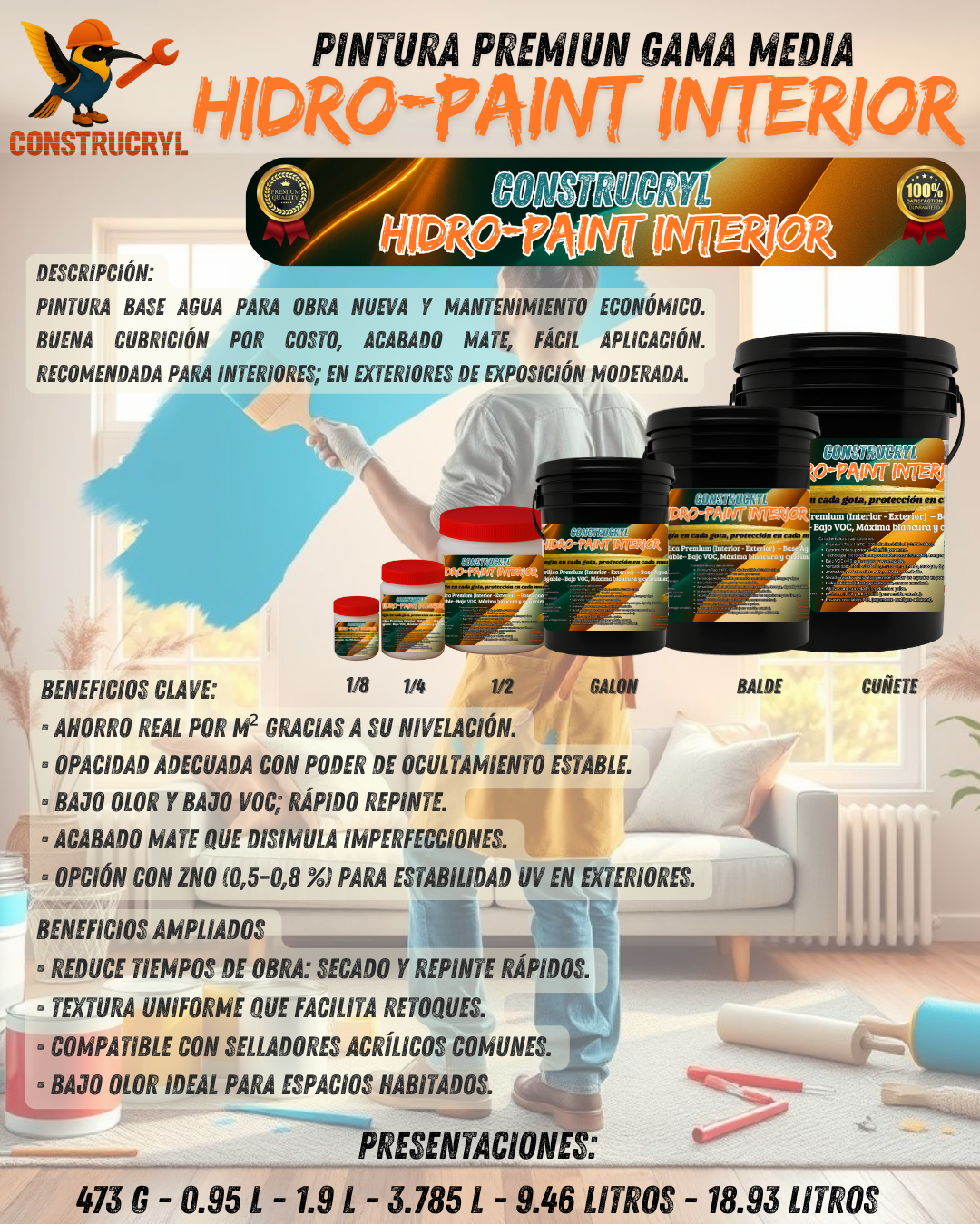 CONSTRUCRY HIDRO-PAINT  PINTURA INTERIOR GAMA MEDIA