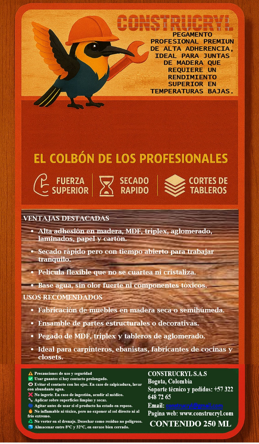 CONSTRUCRYL MADECOL COLBON PVAc DE MADERA 250 ML ALTA ADHERENCIA