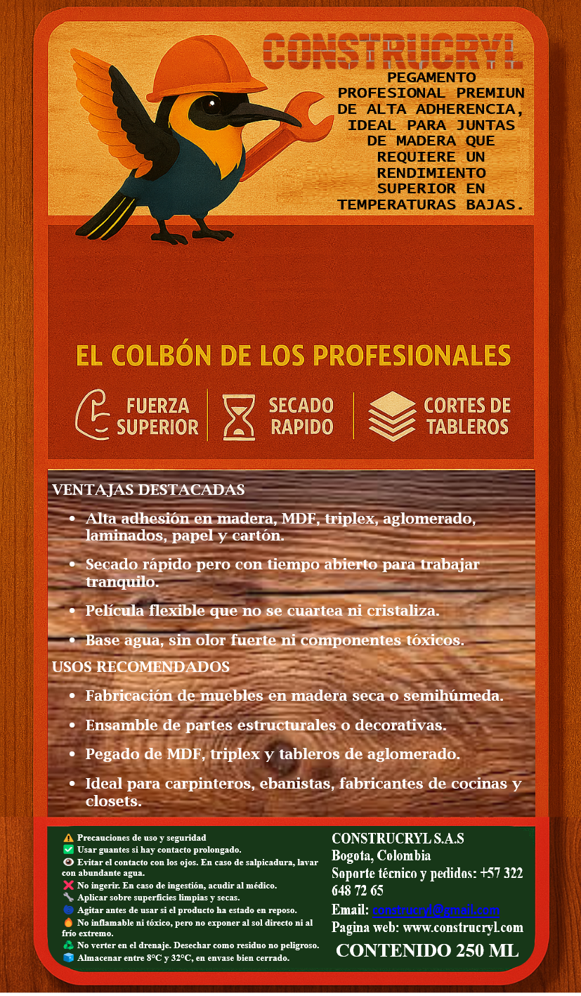 CONSTRUCRYL CARPINCRYL COLBON ACRILICO DE MADERA 250 ML