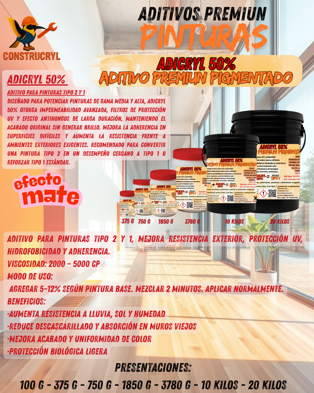CONSTRUCRY ADICRYL 50% ADITIVO PINTURA INTERIOR - EXTERIOR