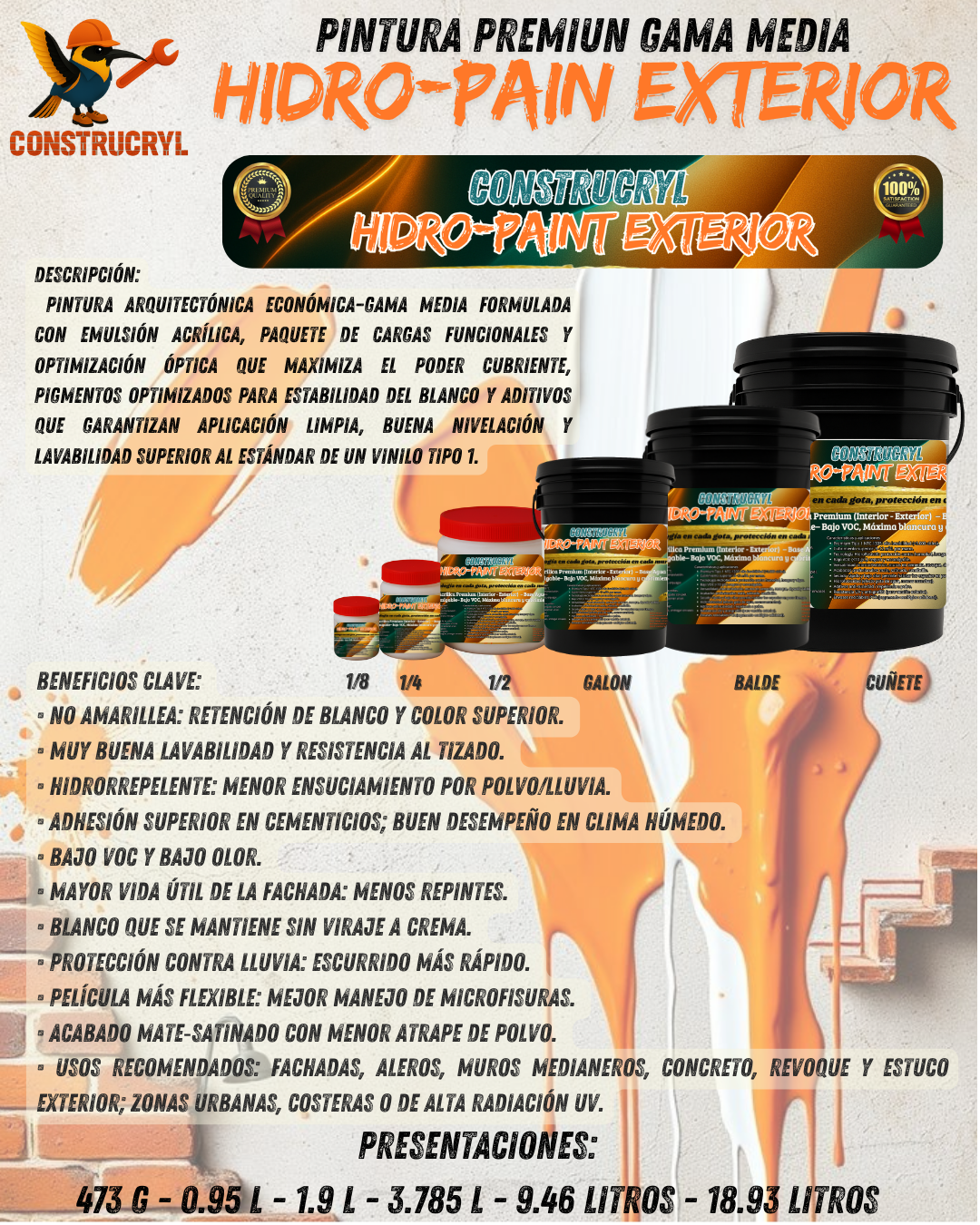 CONSTRUCRY HIDRO-PAINT  PINTURA EXTERIOR GAMA MEDIA