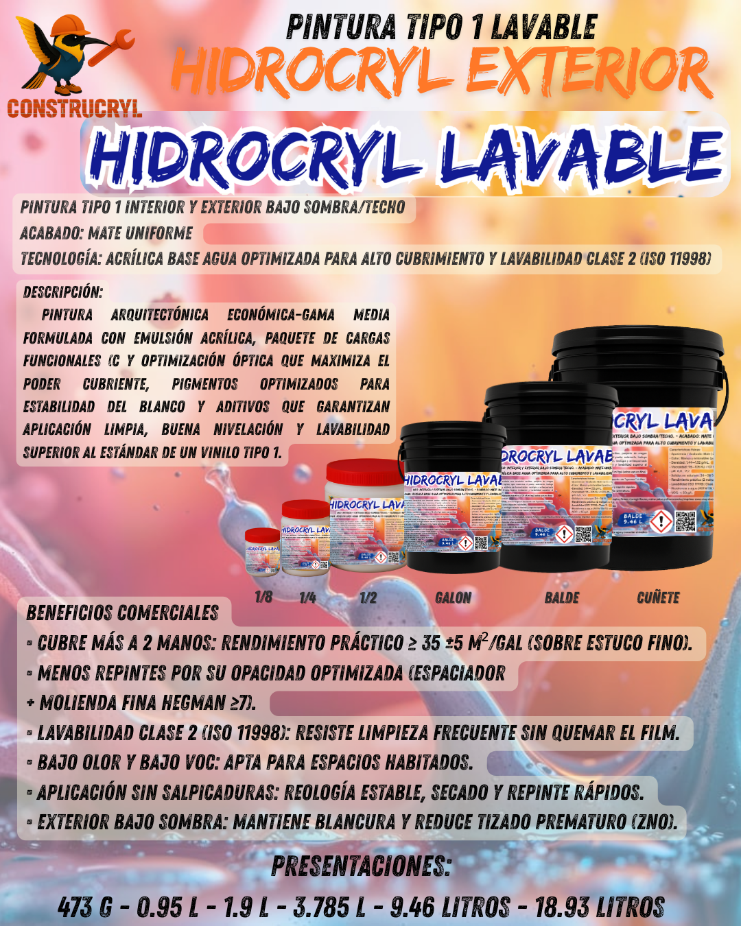 CONSTRUCRY HIDROCRYL LAVABLE PINTURA INTERIOR - EXTERIOR TIPO 1