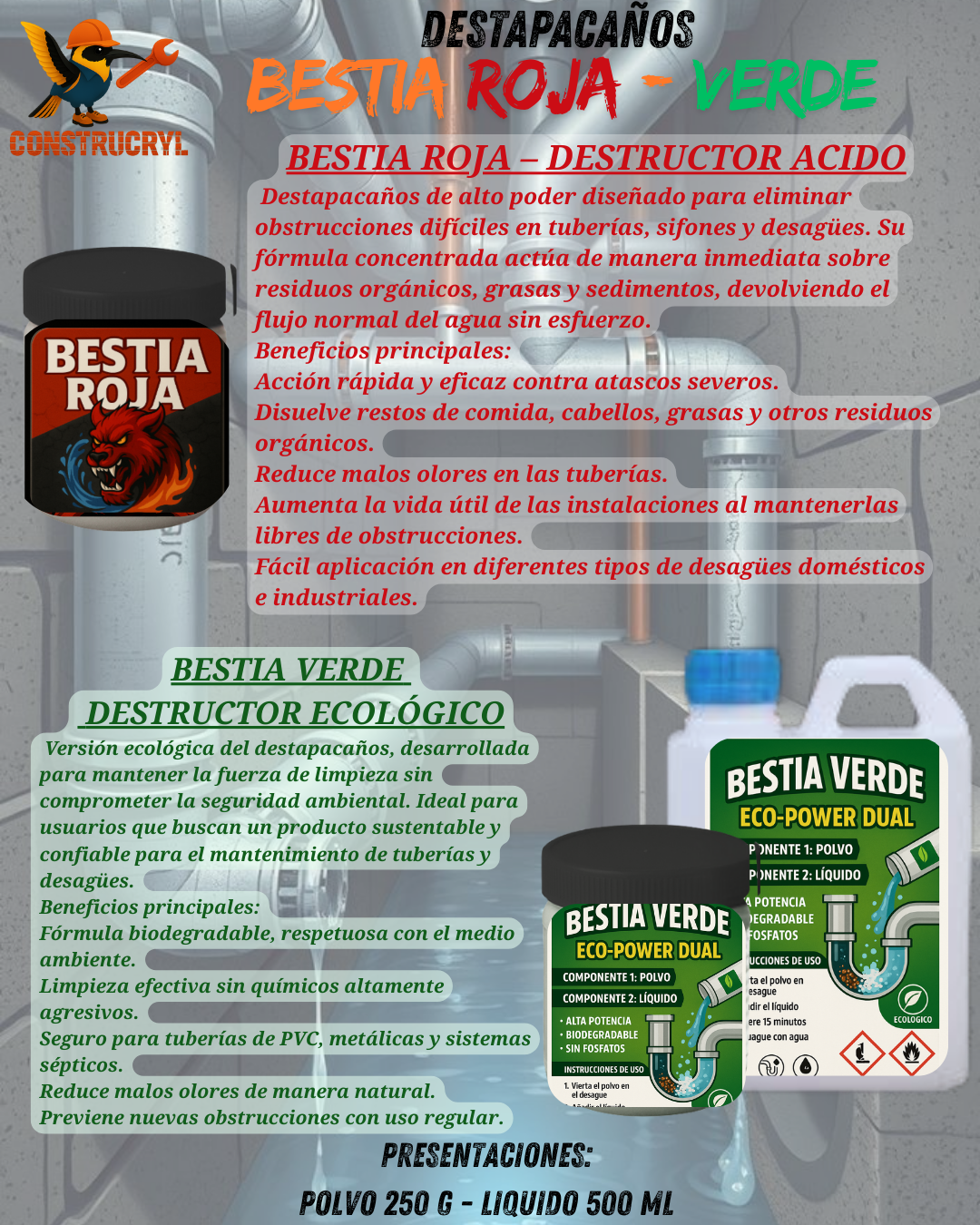 CONSTRUCRYL BESTIA VERDE DESTAPACAÑOS 250 G + 250 ML