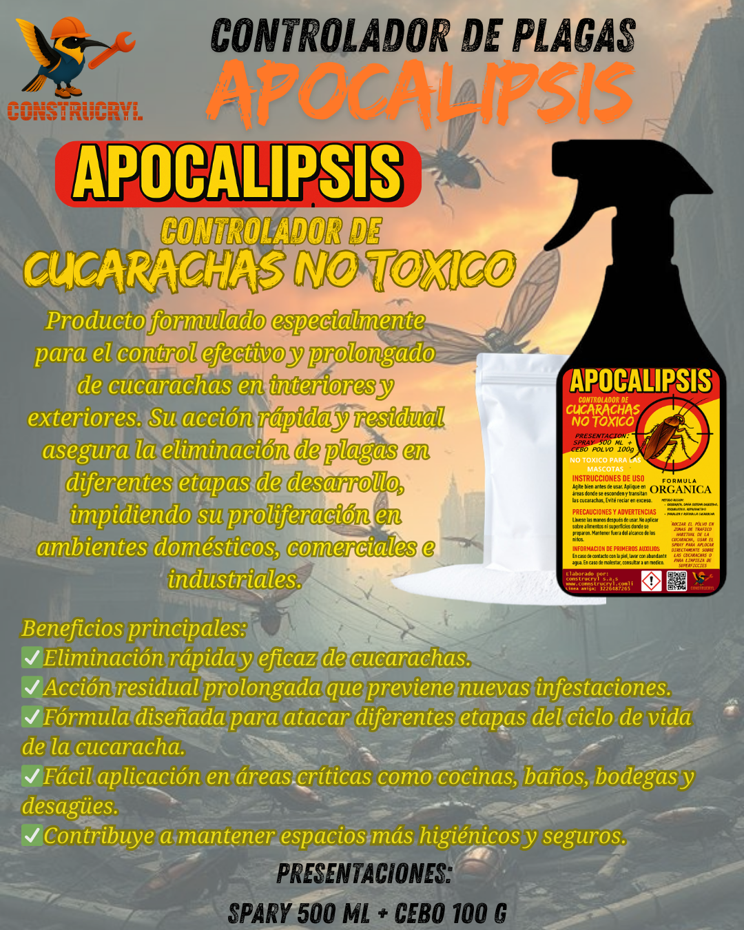CONSTRUCRY APOCALIPSIS CONTROLADOR DE CUCARACHAS KIT 100G + 500 ML
